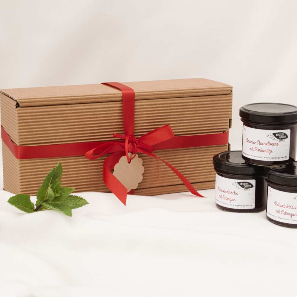 schöner Geschenkkarton mit 3 Gläsern und einer individuellen Schleife in verschiedenen Farben